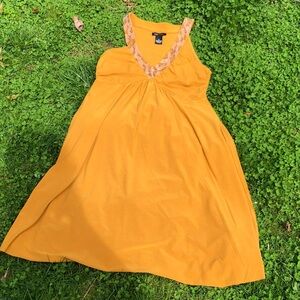 BCBGMaxAzria Mustard Yellow Sleeveless Midi Dress with Embellished V-Neck